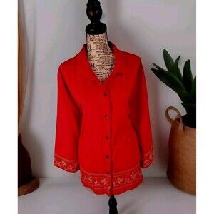 Eric London Silk Blouse Sz 2x Red Embroidery Button Up Lightweight